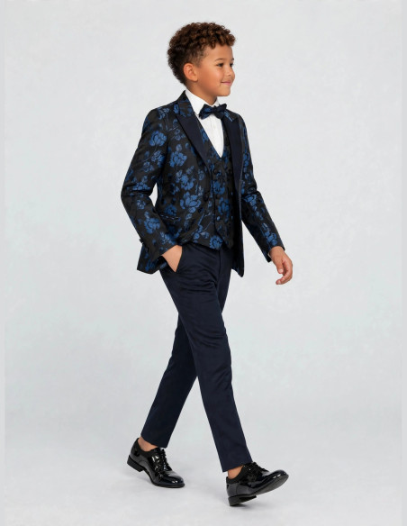 Costume Enfant bleu Roi motif floral en jacquard  | Armand