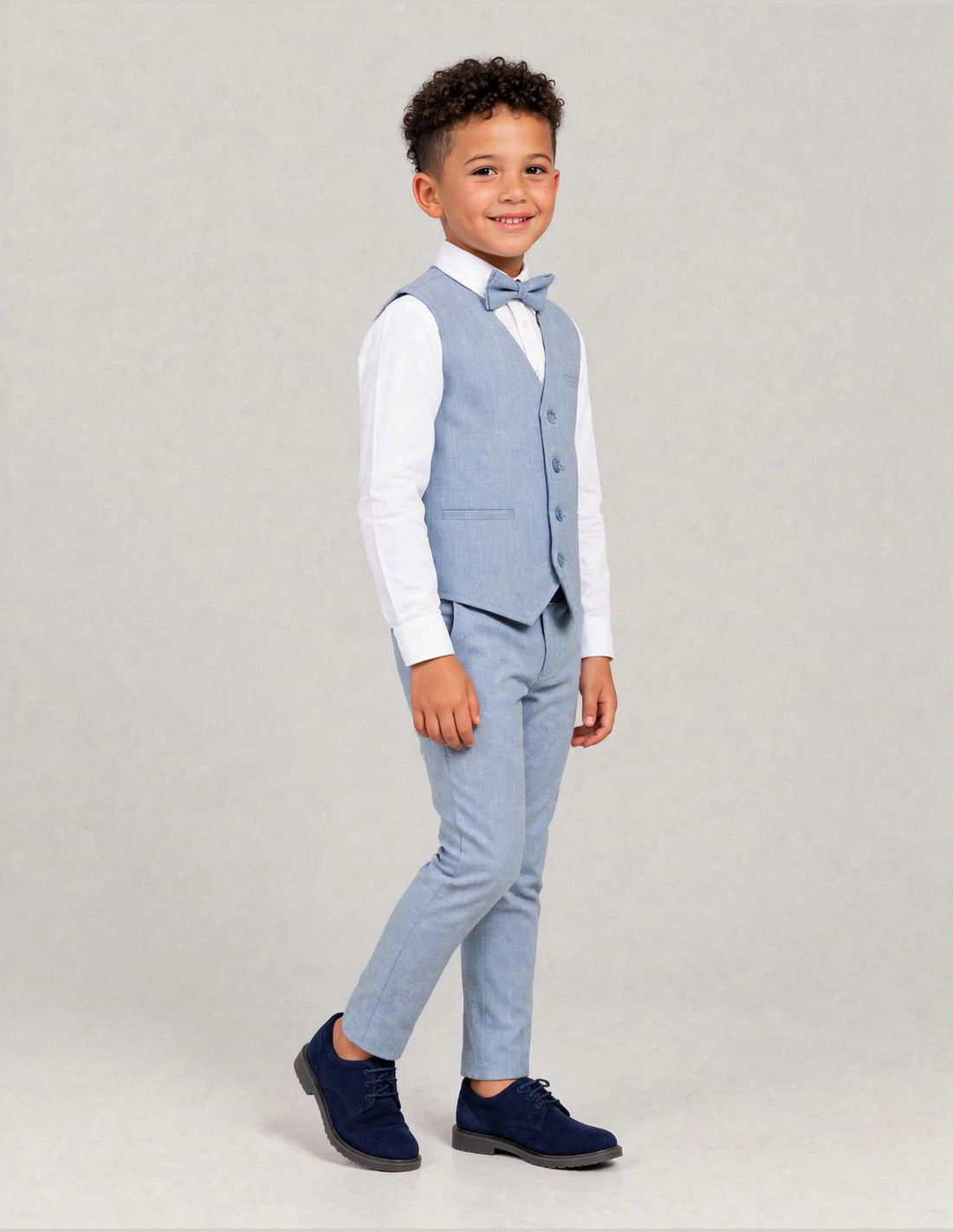 Tenue Mariage Enfant gilet pantalon Lin bleu